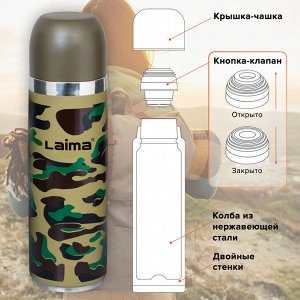 Лайма Термос LAIMA с узким горлом, 0,5 л, нержавеющая сталь, хаки, 601409