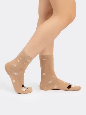 Высокие махровые носки в оттенке капучино с новогодним дизайном (1 упаковка по 5 пар)