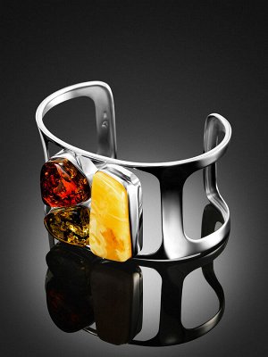 Роскошный широкий браслет из натурального янтаря разных оттенков Bella Terra