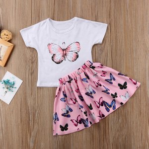 Юбка розовая с бабочками+белая футболка бабочки