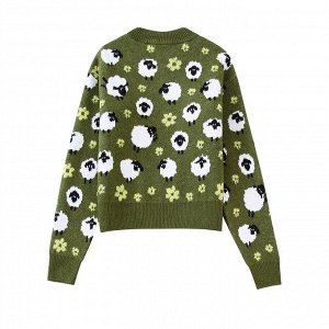 Женский свитер, принт "Овечки", цвет зеленый