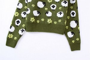 Женский свитер, принт "Овечки", цвет зеленый