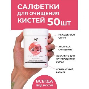 Антибактериальные бесспиртовые салфетки LUCKY BRUSH для очищения кистей BRUSH CLEANSER WIPES ALCOHOL FREE 50 шт