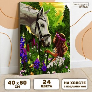 Картина по номерам на холсте с подрамником «Лошадка и девочка в поле» 40х50 см