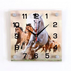 Часы настенные, серия: Животный мир, "Кони", плавный ход, 25 х 25 см