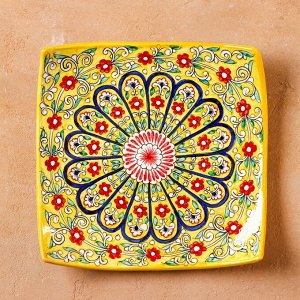 Ляган Риштанская Керамика "Цветы", 25,5 см, квадратный, жёлтый
