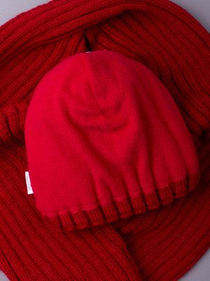 Шапка вязаная детская с помпоном, жемчуг россыпью + шарф с помпоном, красный