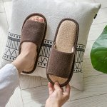 Тапочки мужские домашние льняные с открытым носком, коричневые с бежевой стелькой
