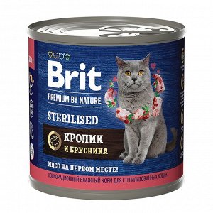 Brit Premium by Nature конс 200гр д/кош Sterilized кастр/стерил Кролик/Брусника (1/6)