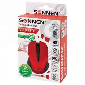 Мышь беспроводная с бесшумным кликом SONNEN V18, USB, 800/1200/1600 dpi, 4 кнопки, красная, 513516