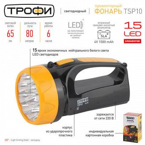 Фонарь-прожектор светодиодный ТРОФИ TSP10, 15 х LED, аккумуляторный, заряд от 220 V