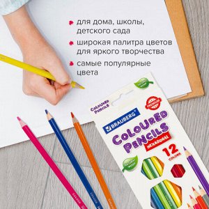 Карандаши цветные BRAUBERG PREMIUM, 12 цветов, шестигранные, грифель мягкий 3,3 мм, 181656