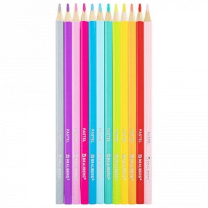Карандаши цветные BRAUBERG PASTEL, 12 пастельных цветов, трехгранные, грифель 3 мм, натуральное дерево, 181850