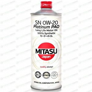 Масло моторное Mitasu Platinum PAO 0w20, синтетическое, API SN/CF, ACEA C5, универсальное, 1л, арт. MJ-110/1