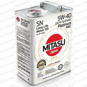 Масло моторное Mitasu Platinum PAO 5w40, синтетическое, API SN/CF, ACEA A3/B3/B4/C3, для бензинового двигателя, 4л, арт. MJ-112/4