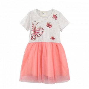 Детское платье с коротким рукавом, принт "бабочки", цвет серый/розовый