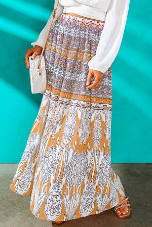 Коричневая длинная юбка с разноцветным орнаментом в стиле бохо