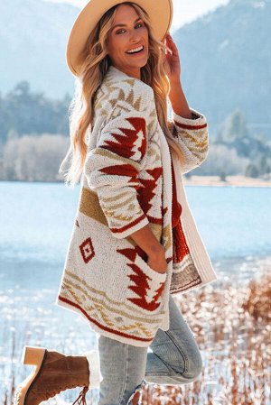 Кардиган цвета хаки с геометричным индейским орнаментом и карманами