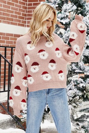 Розовый новогодний свитер с длинным рукавом