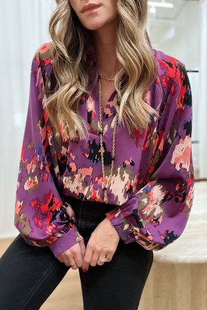 Фиолетовая блуза с абстрактным принтом и длинным рукавом