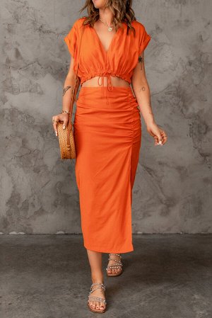 Оранжевый вечерний комплект: укороченный топ с кулиской + юбка с высокой талией и разрезом