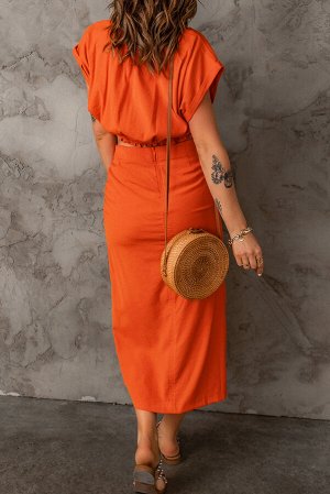 Оранжевый вечерний комплект: укороченный топ с кулиской + юбка с высокой талией и разрезом