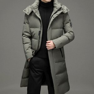 Мужская зимняя удлиненная куртка с отстегивающимся капюшоном, цвет "хаки"