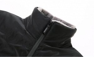 Куртка (пуховик) мужская без капюшона, нагрудный карман, боковые карманы на молнии, меховой ворот-стойка, цвет черный
