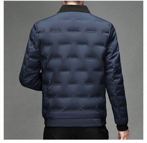 Куртка (пуховик) мужская укороченная без капюшона, трикотажный ворот, боковые карманы,  цвет синий