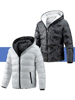 Куртка мужская двухсторонняя, зимняя, с капюшоном (не отстегивается), цвет белый/камуфляж  черный