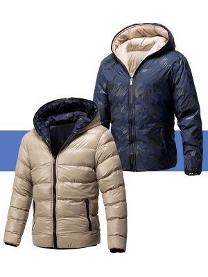 Куртка мужская двухсторонняя, зимняя, с капюшоном (не отстегивается), цвет хаки/камуфляж темно-синий