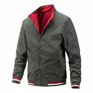 Куртка мужская двухсторонняя, демисезон, воротник-стойка,  по низу куртки и на рукавах широкая резинка,  вышивка на спине, цвет темно-серый/красный
