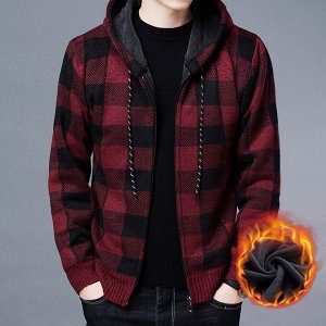 Мужская кофта-куртка на флисе, весна-осень, с капюшоном, принт "клетка",  цвет красный-черный
