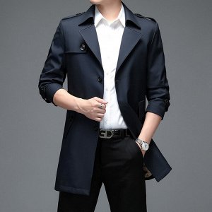 Мужская куртка-тренчкот в стиле милитари, с отложным воротником, цвет темно-синий