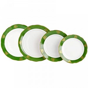 Тарелка мелкая фарфоровая "Зеленый борт" набор 24 штуки: тарелка мелкая 175мм, 200мм, 240мм, тарелка глубокая 240мм, по 6шт, вырезной край (Россия)