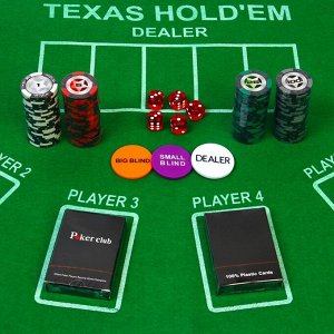 Покер в кейсе (100 фишек, 5 кубиков, 2 колоды карт), с номиналом, вес фишки 13 г, 49 x 25 см