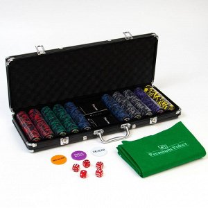 Покер в черном кейсе (500 фишек, 5 кубиков, 2 колоды карт), с номиналом, 62 x 20 см