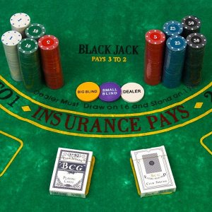 Покер, набор для игры (500 фишек, 2 колоды карт, сукно), с номиналом, 58 х 32 см
