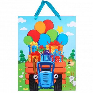 Пакет ламинат вертикальный "С Днем Рождения", Синий трактор, 31х40х11,5 см