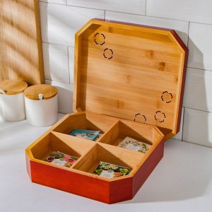 Ящик для хранения чайных пакетиков Доляна «Цветочный», 4 отделения, 24,5?24,5?5,3 см, бамбук