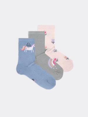 Мультипак детских высоких носков (3 упаковки по 3 пары) в трех цветах с рисунками