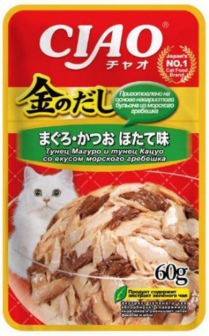 Inaba Ciao Kinnodashi влажный корм для кошек Тунец Магуро и Кацуо со вкусом морского гребешка 60гр пауч