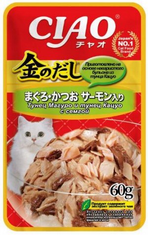 Inaba Ciao Kinnodashi влажный корм для кошек Тунец Магуро и Кацуо с семгой 60гр пауч