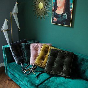 Подушка на стул бархатная квадратная, с завязками, цвет темно-зеленый
