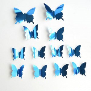 Интерьерные наклейки "бабочки" зеркальные, набор 12 шт., цвет синий
