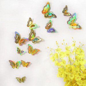 Интерьерные наклейки объемные "бабочки" 12 шт., цвет золотой переливающийся