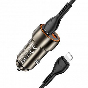 Автомобильное зарядное устройство HOCO Z46A Blue whale, USB+Type-C + Кабель Type-C to iOS Lightning, 20W, черный