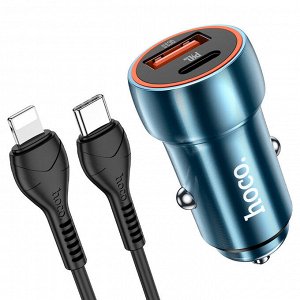 NEW ! Автомобильное зарядное устройство HOCO Z46A Blue whale, USB+Type-C + Кабель Type-C to iOS Lightning, 20W, черный
