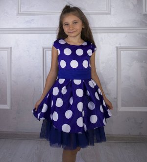 Платье для девочки (Стиляги) цвет Синий( крупный белый горох)