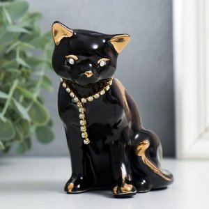 Сувенир керамика "Чёрная кошечка с ожерельем" с золотом, стразы 10,2 см